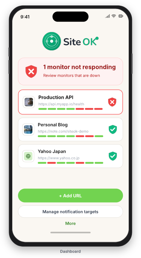 SiteOK mobile dashboard showing monitored URLs and down status