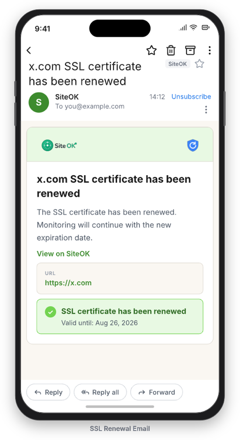 SiteOK SSL certificate renewal email on a phone
